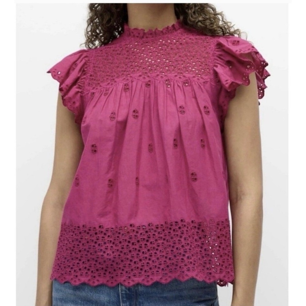 ULLA JOHNSON Kassi Eyelet‎ Blouse Ruby Pink 6 S Flutter Sleeve